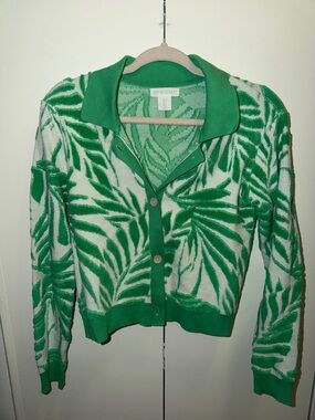 Cynthia Rowley Green and White Tropical Leaf Cardigan Sweater